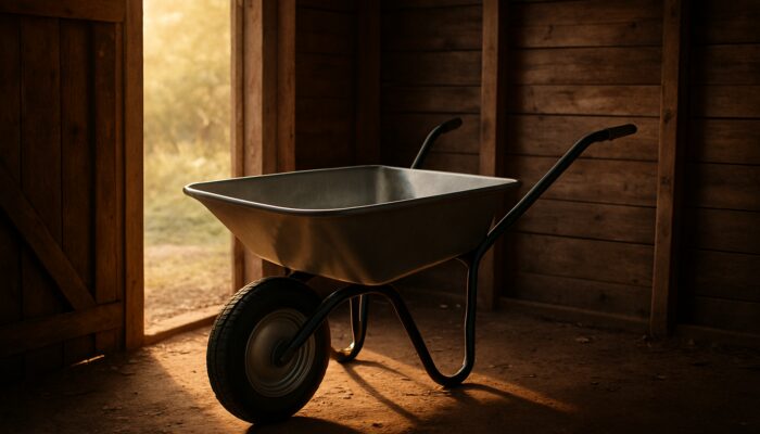 Well-maintained wheelbarrow stored in rustic wooden shed, clean tires, no rust, sunlight through door.