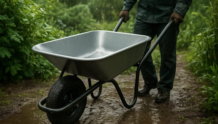Gardener pushing sleek wheelbarrow with smooth tray through rainy UK garden mud