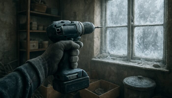 Gloved hand drills amid frost and clutter in British cottage winter house clearance