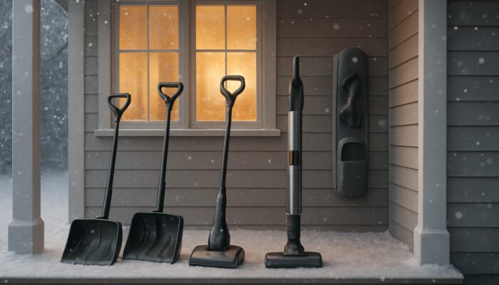 Snowy porch with heated shovels, cordless vacuums and organizers for winter house clearance