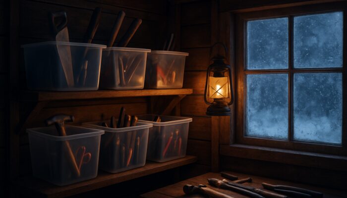 Neatly organized tools in moisture-proof bins on elevated shelves inside a frosty UK shed.