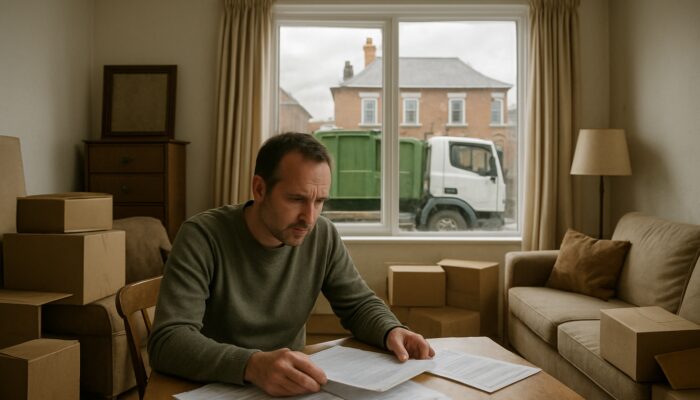 Homeowner checking UK house clearance permits in cluttered terraced house with waste truck outside