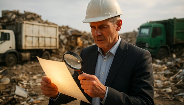 Manager examining subcontractor licenses with magnifying glass at busy waste facility amid trucks and documents.