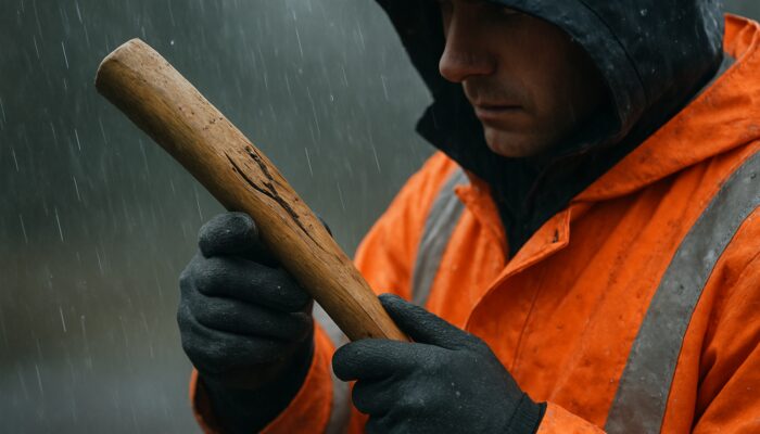 Worker inspecting cracked wooden tool handle in misty UK rain for safety checks