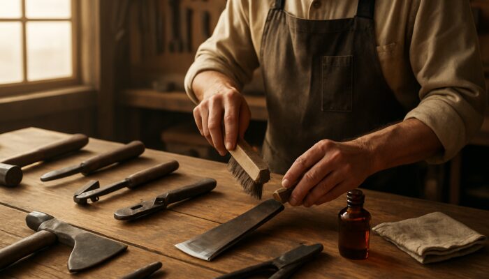 Clearance pro sharpening and oiling hand tools on wooden workbench in sunlit workshop