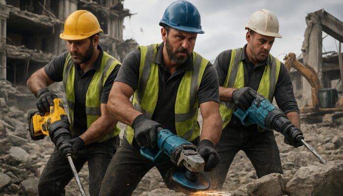 UK pros using DeWalt, Makita and Bosch tools on a demolition site