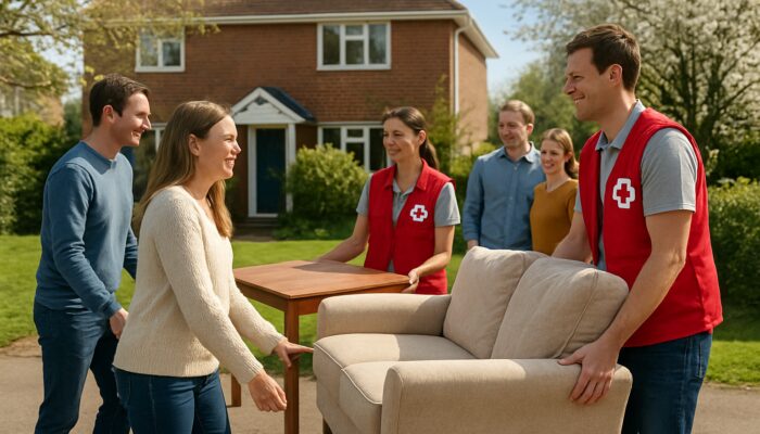 British families donating sofas and tables to Red Cross volunteers on sunny spring day