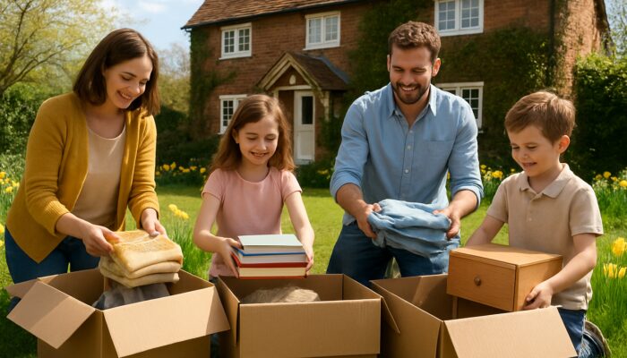 Families packing spring donations into charity boxes outside a sunny British cottage with daffodils