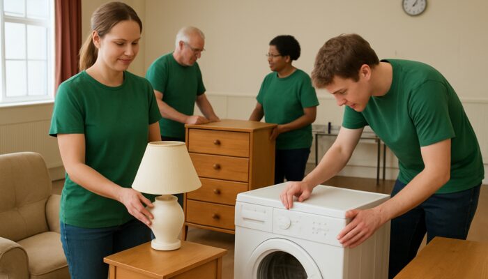 Volunteers inspecting clean furniture and appliances in a British community hall for charity.