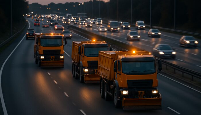 Convoy of heavy clearance trucks synchronized on UK motorway at dusk managing traffic flow
