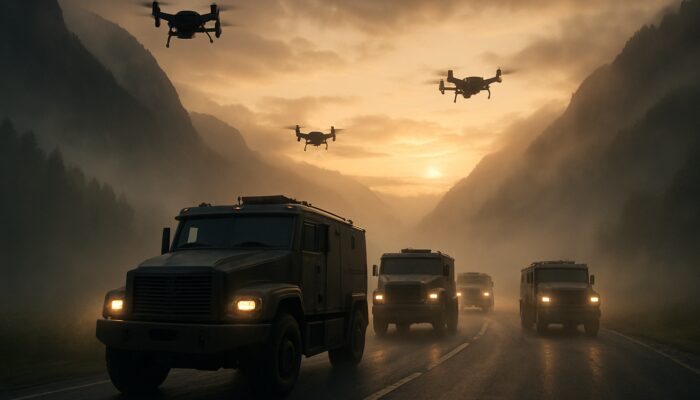 Armored trucks convoy through misty mountain pass at dawn with overhead drones for clearance transport.