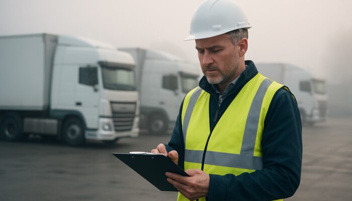 UK transport manager auditing driver logs with clipboard beside misty lorry fleet at depot