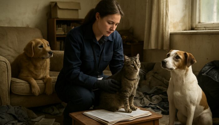 Inspector assessing cats and dogs in cluttered UK home with Animal Welfare Act papers