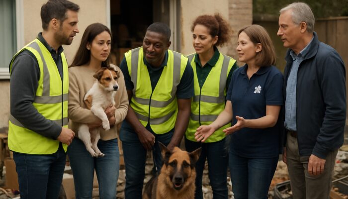 Council officials and volunteers guiding pets from cluttered property with residents before clearance