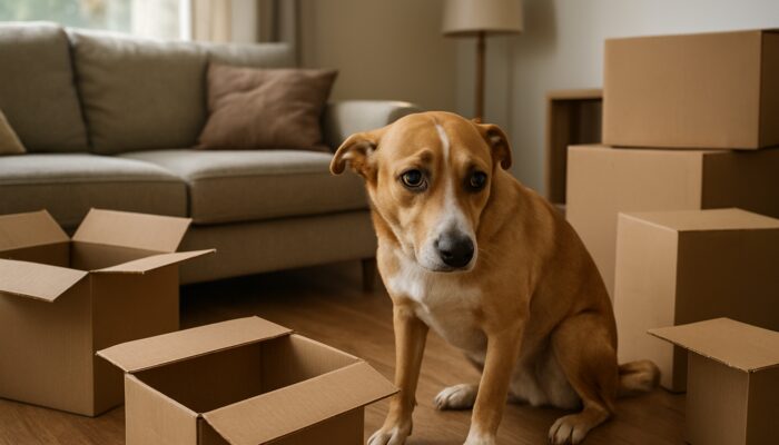 Anxious British dog with tucked tail amid cardboard boxes during house move