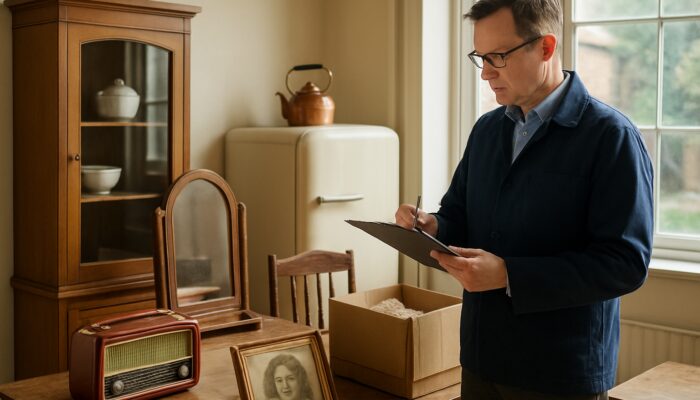 Inspector cataloging antique furniture and vintage appliances in sunlit British home for charity donation.