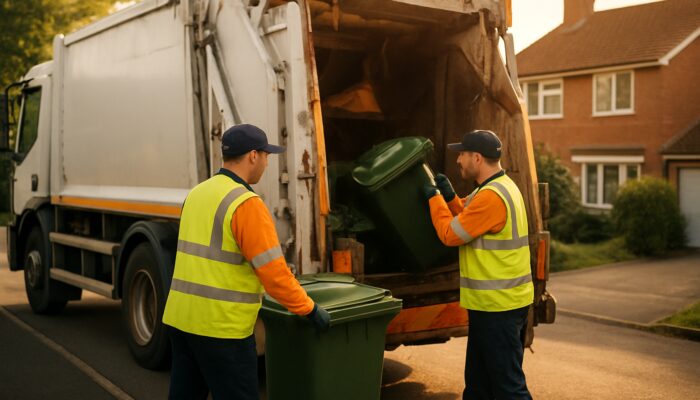 Licensed UK hauliers loading sorted household waste into Environment Agency-certified truck outside home