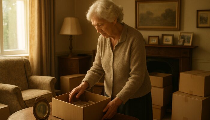 Elderly woman inventorying vintage furniture and mementos in sunlit British parlor with labeled boxes.