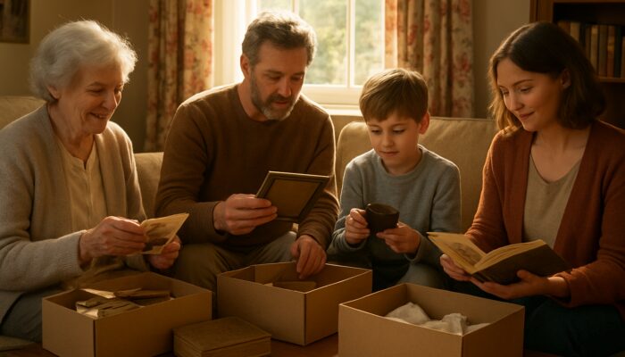 Multigenerational UK family sorting heirlooms and photos in cozy British living room during home clearance