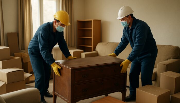 Workers in gloves, masks and boots safely clearing heavy furniture from a cluttered UK home.