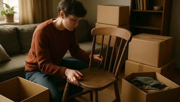 Person inspecting worn chair amid reuse, donation and recycling boxes in British flat