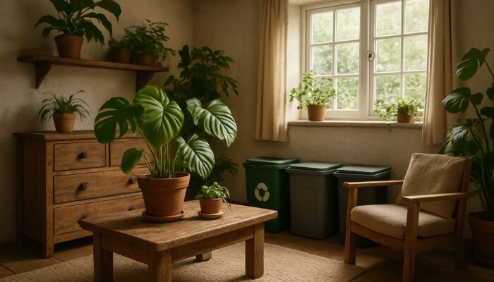 Cozy UK cottage interior with reclaimed furniture, houseplants and recycling bins in natural light