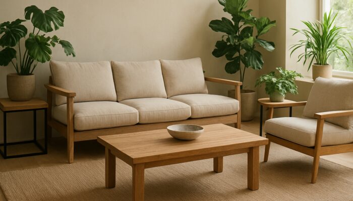 Eco-conscious British living room featuring reclaimed oak furniture, recycled accents, and lush indoor plants in natural light.