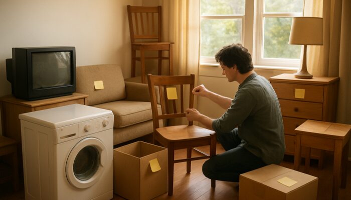 Person sorting furniture and appliances in sunlit room, labeling reusable items for house clearance.