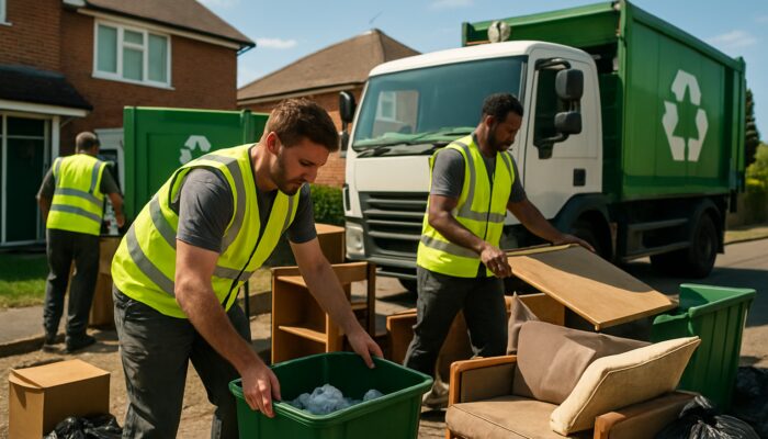 Professional clearance team sorting furniture into labeled eco-trucks from cluttered British home