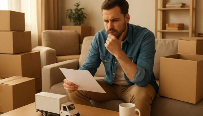Homeowner comparing local mover quotes amid boxes in cluttered suburban house
