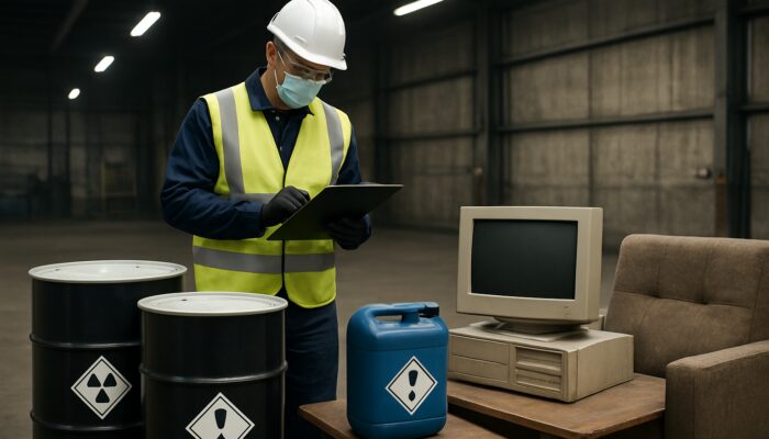 Safety-clad inspector categorizing hazardous waste items with clipboard on UK industrial site