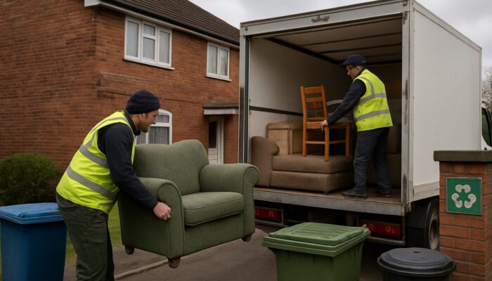 Workers loading furniture into licensed waste van during UK house clearance with recycling bins visible