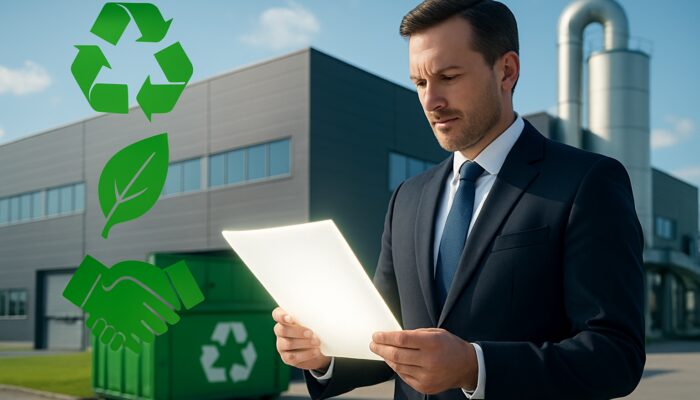 Executive reviewing compliance documents at sleek recycling facility with eco icons and handshake silhouettes.
