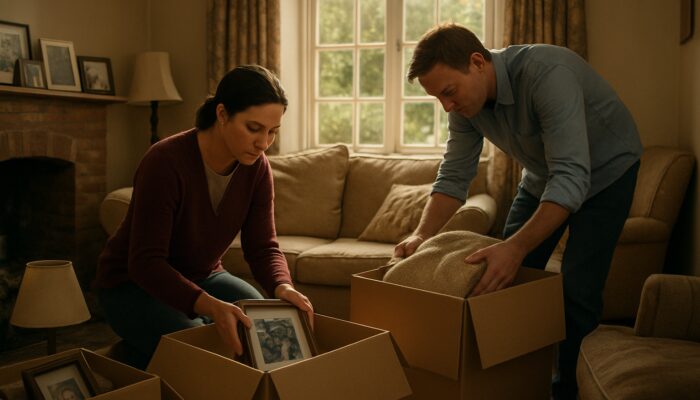 Compassionate bereavement clearance workers packing belongings in sunlit British cottage after loss