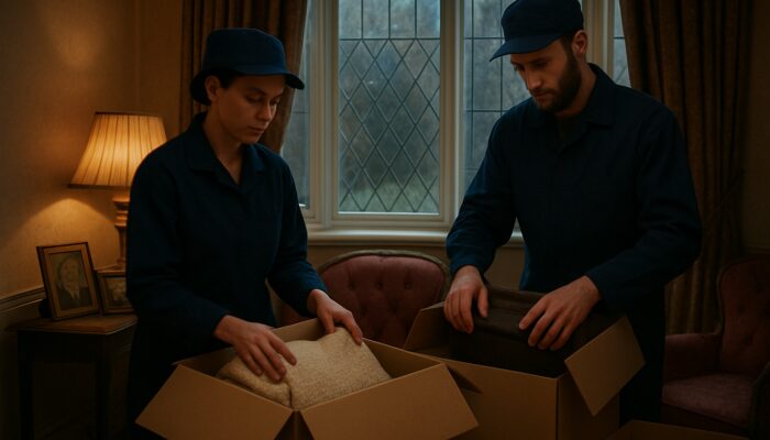 UK bereavement clearance team compassionately packing belongings in Victorian sitting room