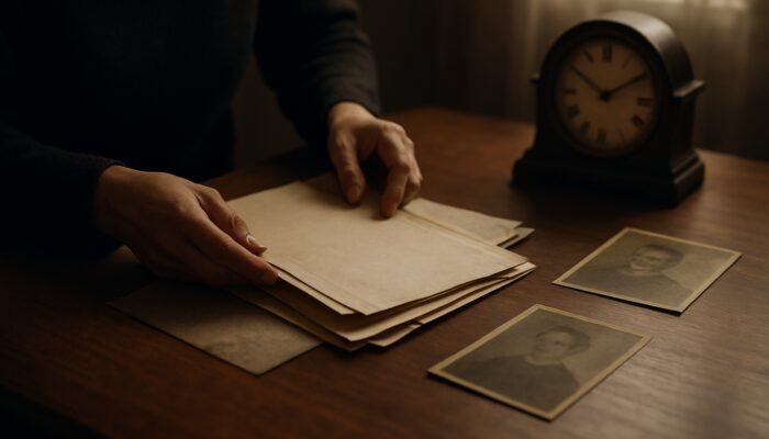 Grieving family arranging wills and estate documents on sunlit wooden table