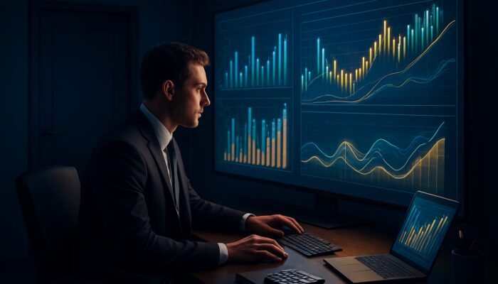 Financial manager reviews glowing cash flow dashboards in sleek office, borrowing door closed