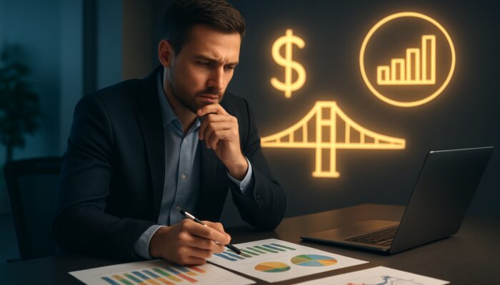 Entrepreneur reviews cash flow charts at desk before symbolic bridge to borrowing