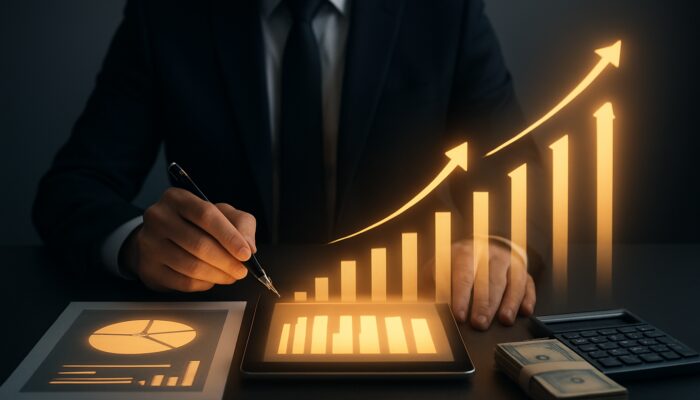 Businessperson reviewing glowing cash flow charts and budgeting tools on sleek desk before borrowing
