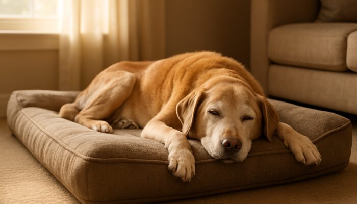 Elderly dog relaxing on orthopedic memory foam pet bed in cozy sunlight for joint support.