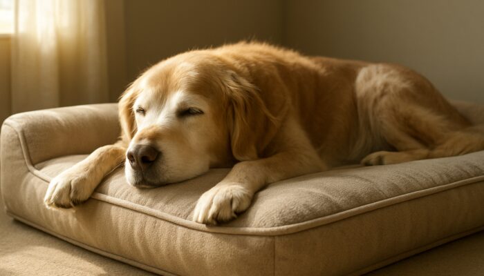 Elderly dog relaxing on orthopedic memory foam pet bed for joint support.
