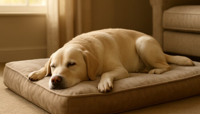 Serene Labrador resting on orthopedic memory foam pet bed for joint support.
