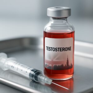 Testosterone blood vial and syringe on lab tray with UK flag and Corby skyline reflections