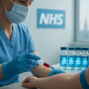 Nurse drawing blood for testosterone test in modern NHS clinic with Corby skyline view