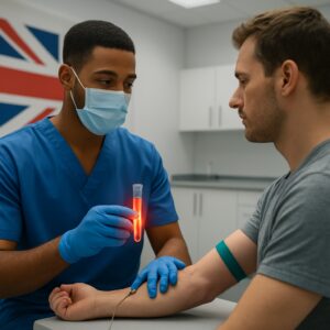Phlebotomist drawing blood for testosterone test in modern Corby UK clinic with glowing vial