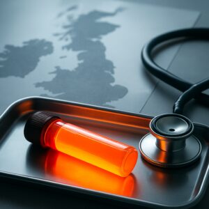 Glowing testosterone test blood vial on lab tray with stethoscope and UK map