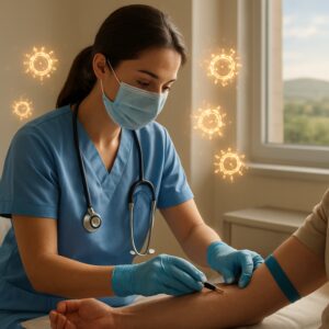 Nurse drawing blood for ferritin test in sunlit Kidderminster clinic with Worcestershire hills view