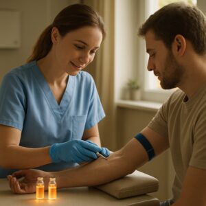 Nurse drawing blood for ferritin test in cozy Kidderminster clinic with vials