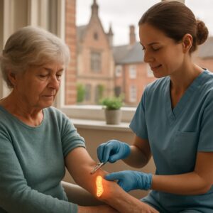 Nurse drawing blood for ferritin test in cozy Kidderminster clinic with historic view