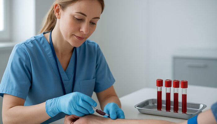 Nurse drawing blood for Vitamin B12 test with red vials in Sunderland NHS clinic